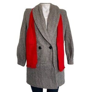 Herman Kay Vintage Pea Double Breasted Coat With Red Scarf Herringbone Tweed Siz